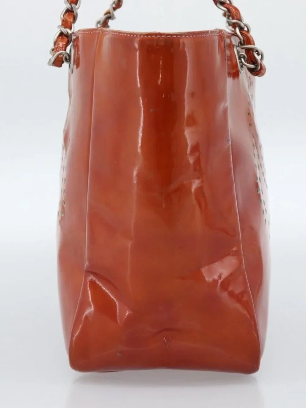 CHANEL Triple Coco Chain Tote Bag Patent leather Orange Silver CC Auth bs18659